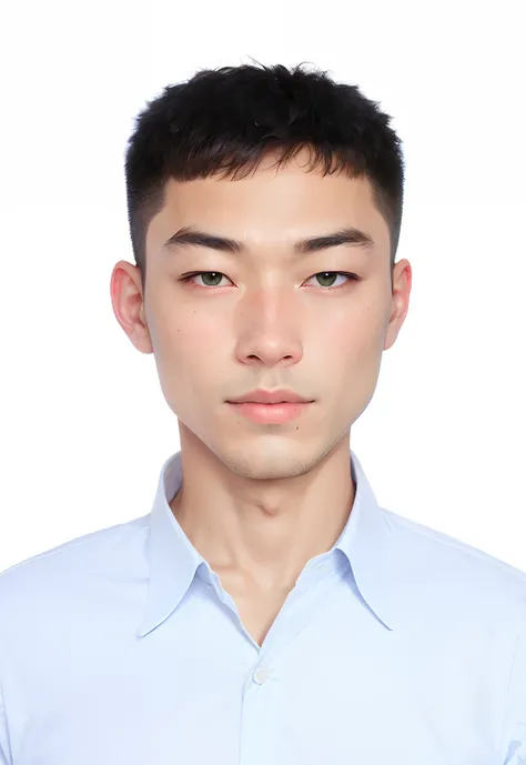 pixel style, handsome appearance, light green background, deep blue shirt and collar