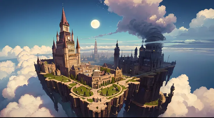 (white background,leave blank all around,howl's moving castle:1.35),(intricate steampunk castle in the sky,the castle castle sus...