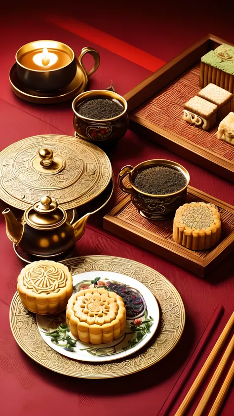 (a detailed close up portrait of a moon cake), (a cup of tea), (a tea pot poster), (best quality, highres, ultra-detailed), (realistic), (portraits), (vivid colors), (warm color tones), (soft lighting), (delicious details), (traditional Chinese dessert), (...