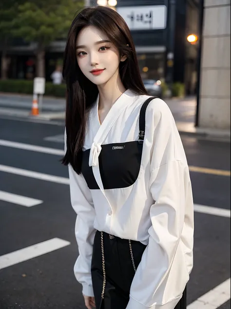 ​masterpiece、top-quality)、1 beutiful girl、Slim body、((Black and white plain clothes:1.1))、(Detailed beautiful eyes)、Walking together on the road at night、Face similar to Chaewon in Le Selefim、((Boyish Brown Medium Hair))、((Smaller face))、((Neutral face))、(...