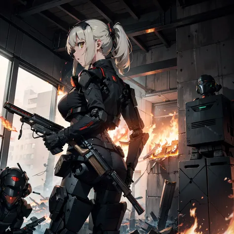 (Female soldier with strong body)、(((Fire a shotgun to destroy military robots:1.4)))、独奏:1.4、(Black combat uniform)、(platinum-blonde-hair:1.2)、Have multiple weapons、Running through the rubble、((超A high resolution))、Detail Write、​masterpiece、top-quality、ext...