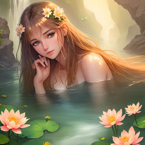 Masterpiece, 1girl,, beautiful and delicate face, age:21, long hair, medium chest, hair flower, water on the skin, shyness, butterfly, meadow, waterfall, lotus, dawn, (very detailed), (realistic), bright colors, bright, deep shadows, dynamic light, colorwa...