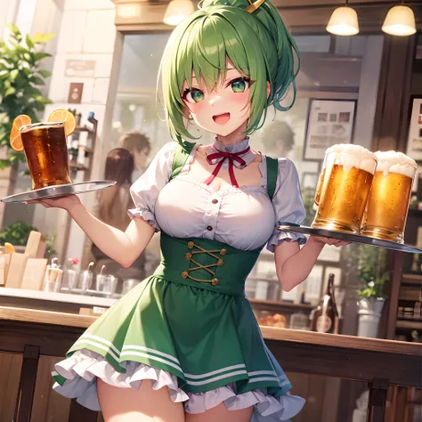 {{{{{masutepiece,Best Quality,ultra-detailliert,8K}}}}},Happy laughter,1 beautiful woman,Cute face,Beautiful green ponytail hairstyle,Cute eyes,pixiv,light-novel,Beautiful Dirndol,Have a mug of bubbling beer and a tray of food,Beautiful Oktoberfest backgro...