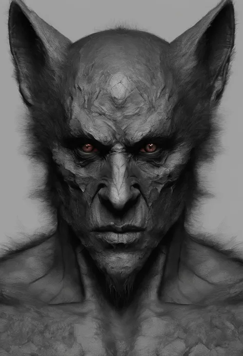 wolfman apresentador super realista clima sombrio, with large eyes and ears lips easy to identify, Face easy to identify, boca fechada, clima sombrio e realista, pelos negros olhos vermelhos