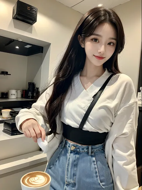 ​masterpiece、top-quality)、1 beutiful girl、Slim body、((Black and white plain clothes:1.1))、(Detailed beautiful eyes)、In a stylish kitchen、Face similar to Chaewon in Le Selefim、((Boyish Brown Medium Hair))、((Smaller face))、((Neutral face))、((Light brown eyes...