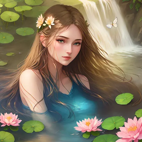 masterpiece, 1girl,, beautiful and delicate face, age:21, long hair, medium chest, hair flower, water on the skin, shyness, butt...