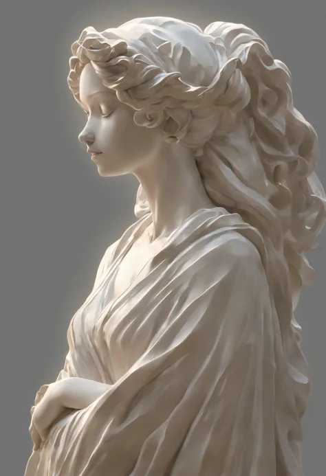 Por gentileza, create an exceptionally realistic Octane Render-style depiction of a marble statue depicting a beautiful woman standing, elegantemente posicionada em uma pose culta. Minute details and precise proportions are essential to capture beauty and ...