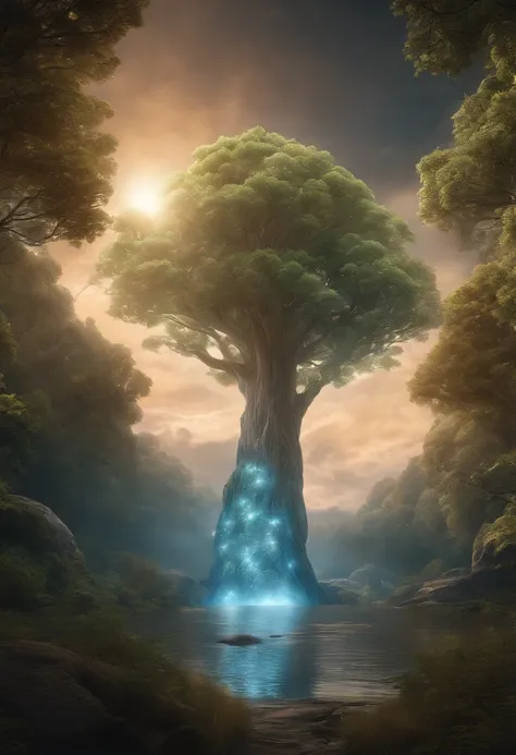 Illustration of a hyperrealistic , otherworldly, ultrasky scene featuring a giant crystal tree full body,very detailed and magical lighting, intricate forest details, vegetation and river around, solarpunk ,landscape, giant tree, beatifull leafy with beaut...