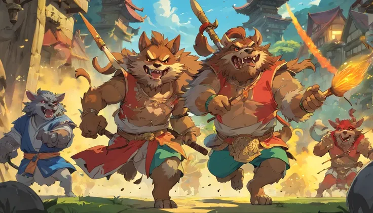 gnoll, Medieval demons, gnoll, korean mythology, Leprechauns revel in a binge, their, barong family, Leprechauns and trolls, Leprechaun, Red horns, Fighting monsters, tribe members attacking, devils, dnd party, Journey to the West, traditional art