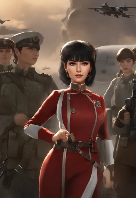 Movie poster,Anime Reference 86 ,Science fiction,Sci-fi,cinematic ligh,War action movie,Multiple characters,Women,Adults,Black hair,(Pia bangs hairstyle : 1.8 ),Wearing red glasses,Generals uniform,White commanders uniform,Realistic face details,Realism,3D...