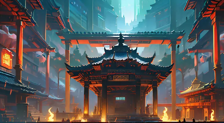 Technologically sensed city,darkly,Flashing，People come and go in the city, animation, Technology development，tmasterpiece, Better quality, Still photography, Fantasy fairy tale international prosperity ancient temple，The ancient temple complex has a large...