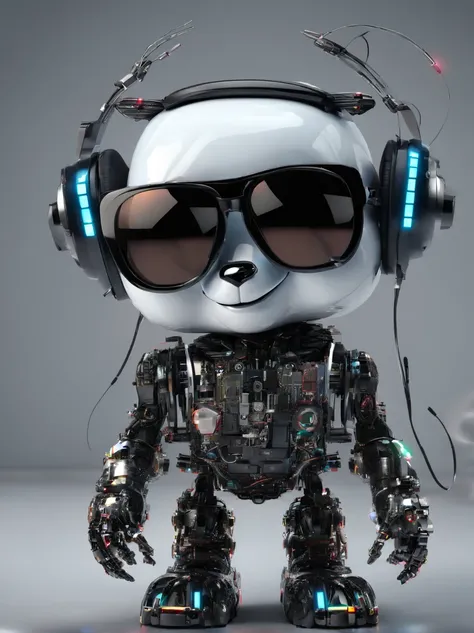 A panda robot,Wearing sunglasses, with headphones on, Standing position, Abstract beauty, Dynamic, Highly detailed digital painting, concept-art, 8K, high definition resolution