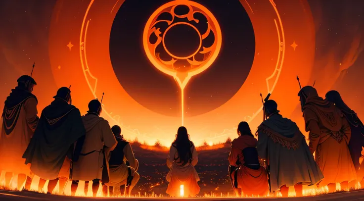 To Them, He Bestowed Dominion Over the Earth and All Its Inhabitants, Entrusting Them with the Sacred Responsibility to Care for the Land and Its Creatures. Unidentifiable Figures Stand Witness to This Divine Commission, Amidst the Mysterious Orange colors...