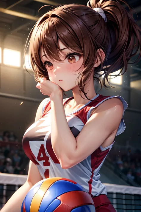 floating hair, brown hair, light blush, volleyball, during a match, x hair ornament, gymnasium, night, short ponytail, lone nape hair, wariza, hit the ball back, anime, anime style, 4K, textured skin, super detail, best quality, award winning