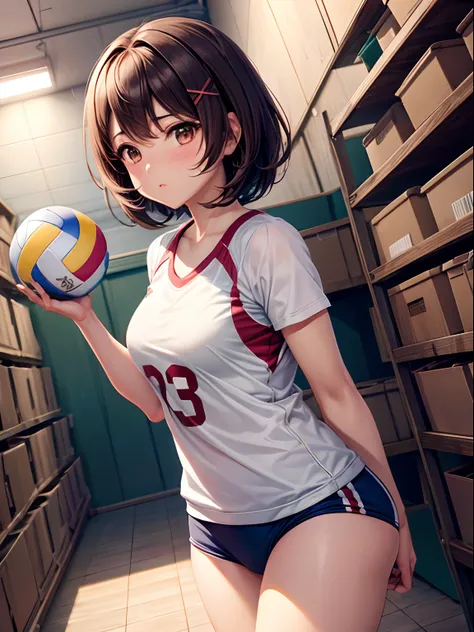 bob cuts, Floating hair, Brown hair, Light blush, Volleyball, gym storeroom, During the match, X Hair Ornament, Anime, Anime style, 4K, Textured skin, Super Detail, Best Quality, awardwinning