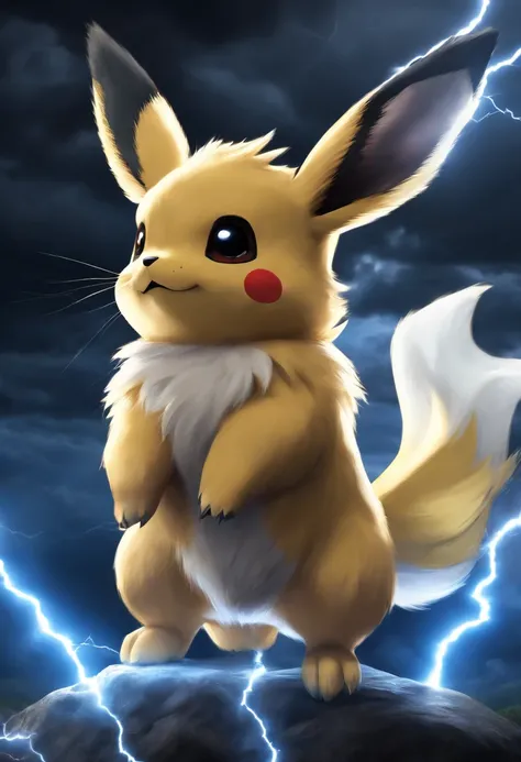 Pokémon Eevee with pikachu colors in a stormy sky with lightning, in realistic version