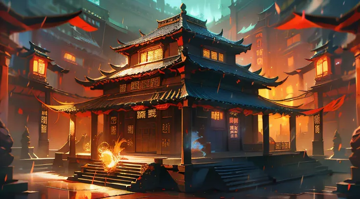 Dougong mortise and tenon structure city,darkly,Flashing，People come and go in the city, animation, Technology development，tmasterpiece, Better quality, Still photography, Fantasy fairy tale international prosperity ancient temple，The ancient temple comple...