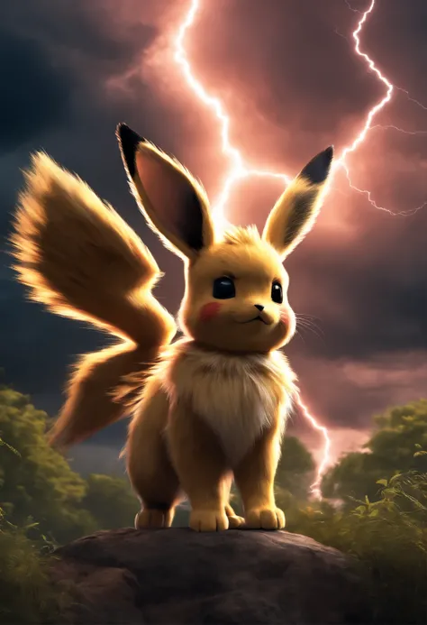 Pokémon Eevee with pikachu colors in a stormy sky with lightning, in realistic version