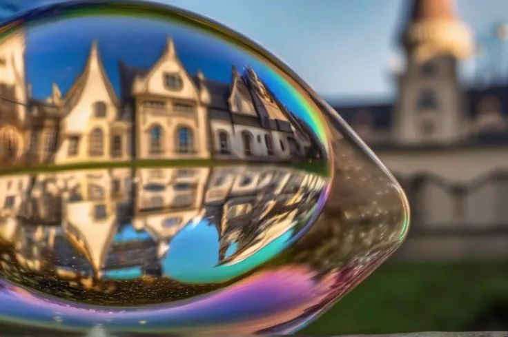 soap bubble, reflection of a castle, transparent photography, bright, sparkling, splendid, colorful, magical, spectacular lighting, photo realism, ultra detailed, 4k, depth of field, high resolution