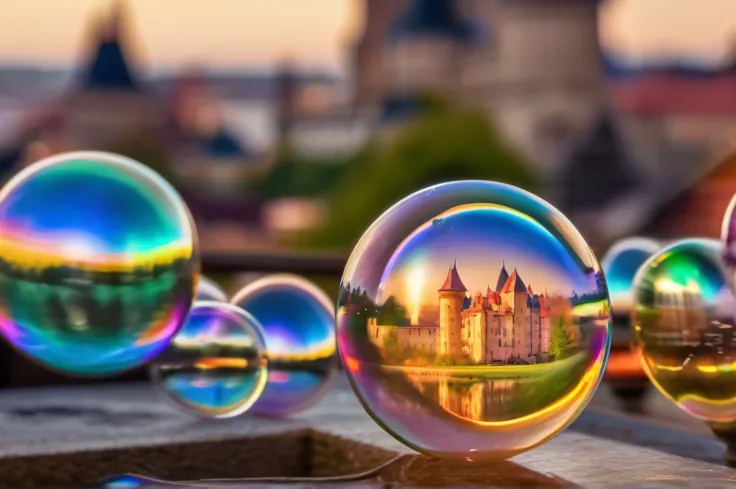 soap bubble, reflection of a castle, transparent photography, bright, sparkling, splendid, colorful, magical, spectacular lighting, photo realism, ultra detailed, 4k, depth of field, high resolution