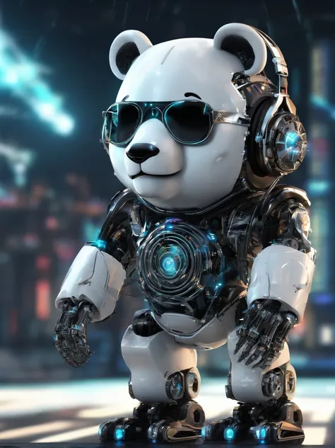 A panda robot,Wearing sunglasses, with headphones on, Standing position, Abstract beauty, Dynamic, Highly detailed digital painting, concept-art, 8K, high definition resolution