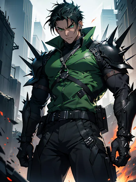 Fierce male anime character, cross scar over left eye, piercing green eyes, spiky jet-black hair, muscular build, leather-clad warrior, dramatic lighting, intense atmosphere, dark background --niji --ar 16:9 --q 1.5