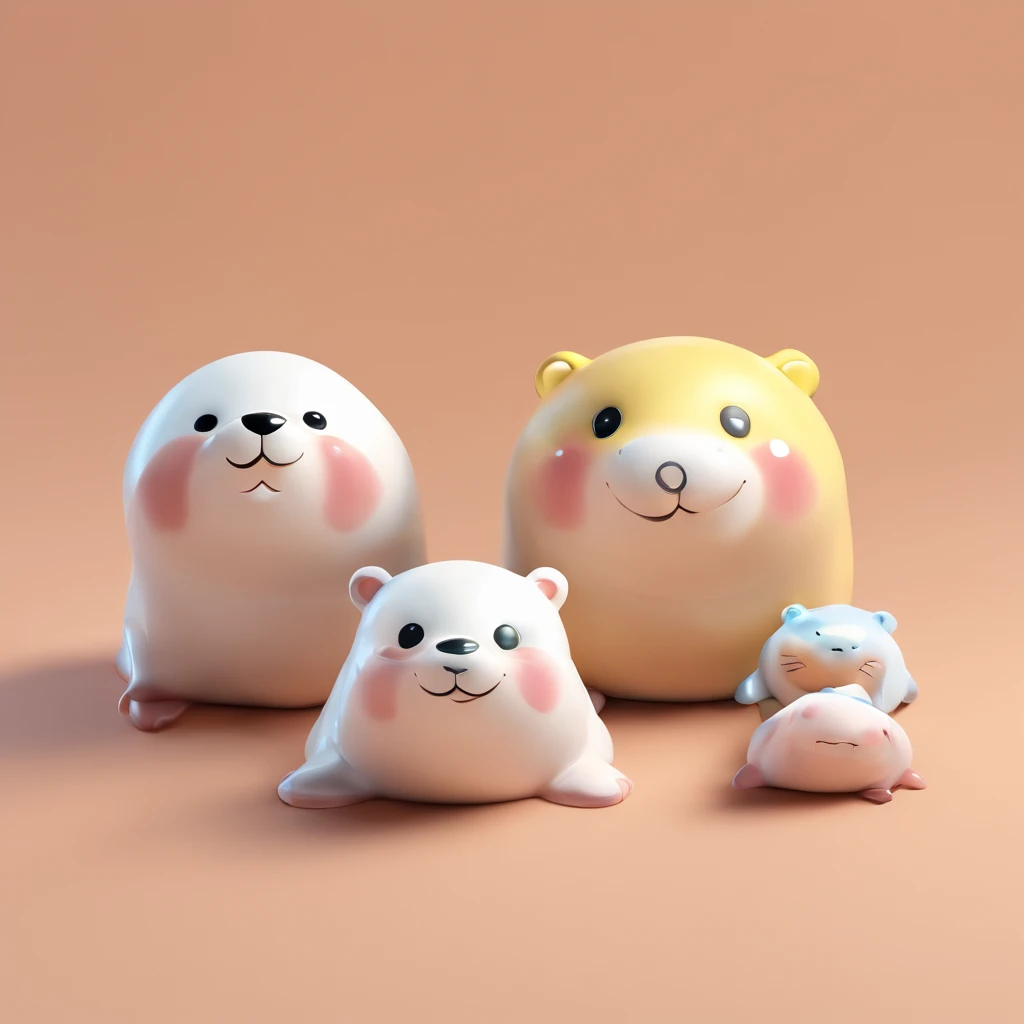 Cute seals，Clay, Models, toys, Glossy and delicate,Clean background, Good gloss, 3D rendering of,Best quality