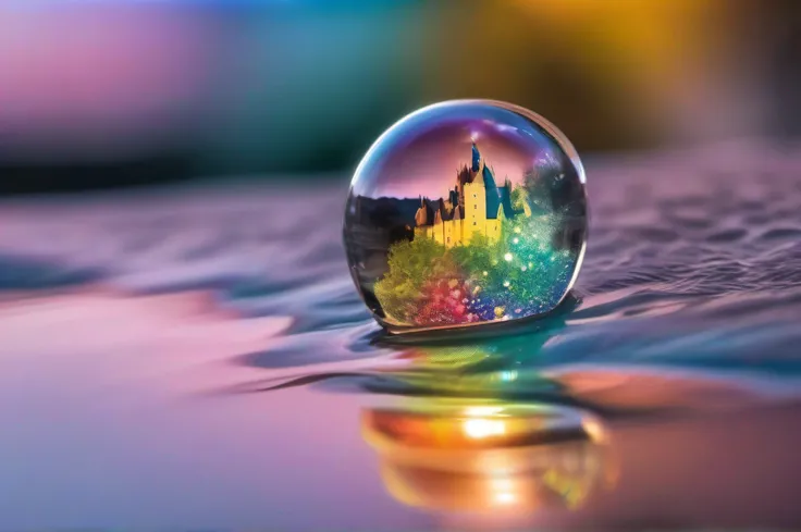 best quality, high resolution, ultra detailed, vibrant rainbow reflection, sparkling water drop, realistic water texture, bright light, vivid colors, atmospheric, nature photography, bokehWater drop, (((reflection of a castle) )), drop of water sliding dow...