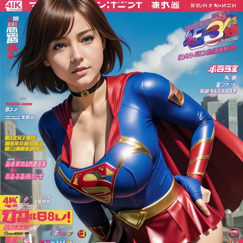 (Best Quality,4K,8K,hight resolution,masutepiece:1.2),Ultra-detailed,Realistic:1.37,Super masterpiece,Short-haired Supergirl、large full breasts、Looking at the camera、Glossy costume、a choker、Too short miniskirt、Magazine covers、Shōnen Magazines