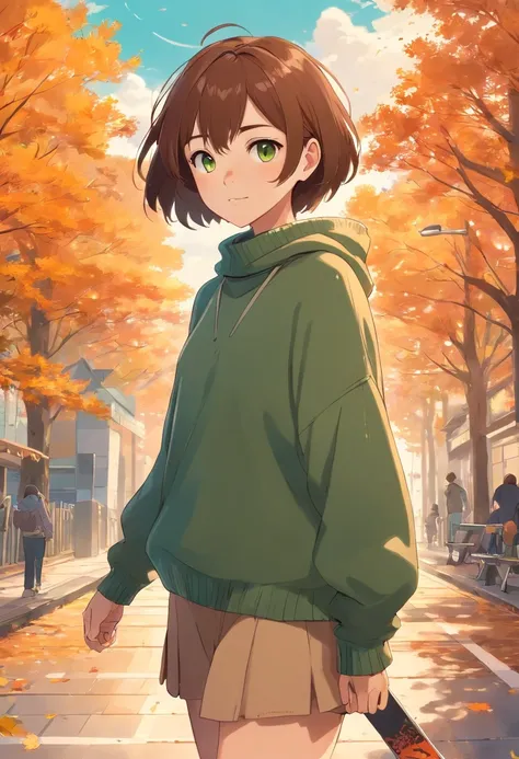 A girl, with brown short hair, The eyes are brown, freckles on her face, green oversized sweater, Autumn landscape, skateboarding; pro skateboarder, kidsMIX