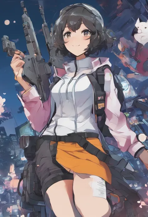 a woman in a short skirt holding a gun and a dog, makoto shinkai ( apex legends ), female protagonist 👀 :8, anime cover, makoto, anime visual of a cute girl, anime cyberpunk art, modern cyberpunk anime, ig studios anime style, anime visual of a young woman...