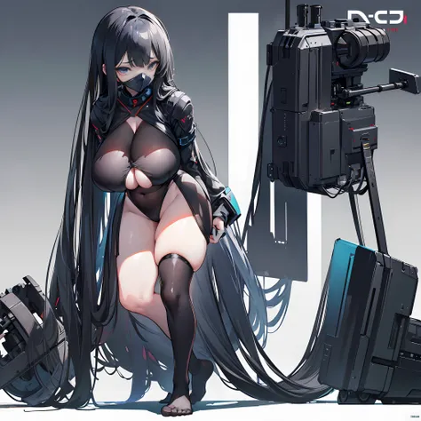 V-shaped swimsuit，(gigantic cleavage breasts:1.4)，black pantyhoses，black long hair，Mechanical helmet，no shoes，Full body like，Para cobrir seu rosto，Gas masks，exposing your navel，Expose the armpits，white backgrounid，simplebackground