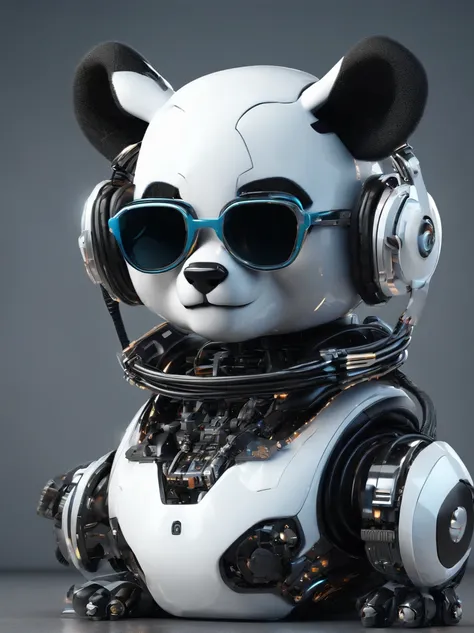 A panda robot,Wearing sunglasses, with headphones on, Standing position, Abstract beauty, Dynamic, Highly detailed digital painting, concept-art, 8K, high definition resolution