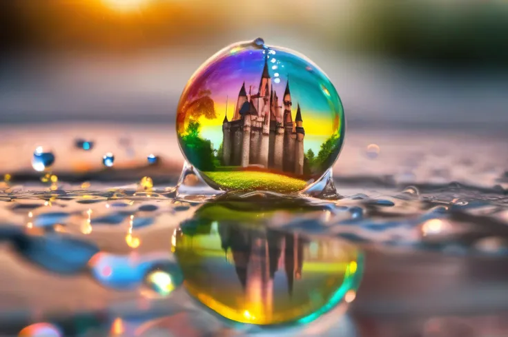 best quality, high resolution, ultra detailed, (vibrant reflection of a castle:1.3), sparkling water drop, realistic water texture, bright light, vivid colors, atmospheric, nature photography, bokehWater drop, rainbow reflection , drop of water sliding dow...