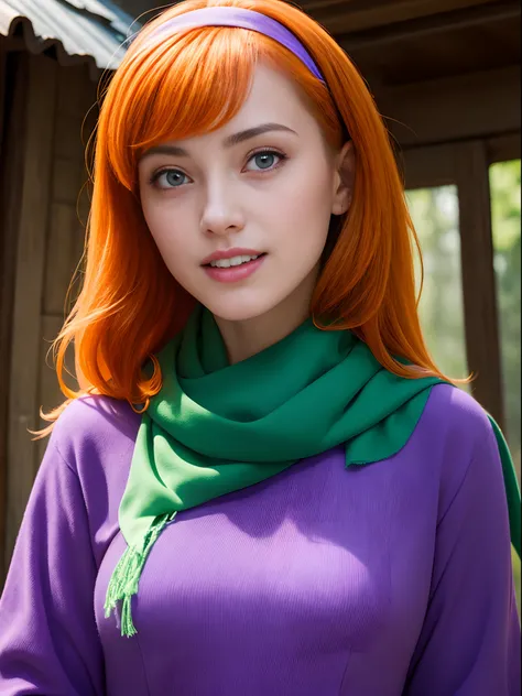 (masterpiece, best quality:1.4), (face focus:1.2), (dynamic pose:1.4), (on a horror house with ghosts), daphneblake, (green) scarf, orange hair, purple dress, hairband, long sleeves,  (european youth  woman:1), looking at viewer, beautifull smile, beautifu...