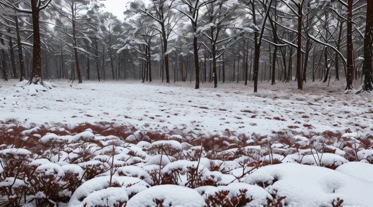 vale nevado com floresta e chuva de neve