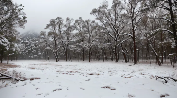 vale nevado com floresta e chuva de neve