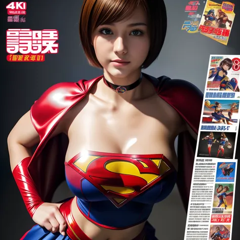 (Best Quality,4K,8K,hight resolution,masutepiece:1.2),Ultra-detailed,Realistic:1.37,Super masterpiece,Short-haired Supergirl、large full breasts、Looking at the camera、Glossy costume、a choker、Too short miniskirt、Magazine covers、Sports Papers