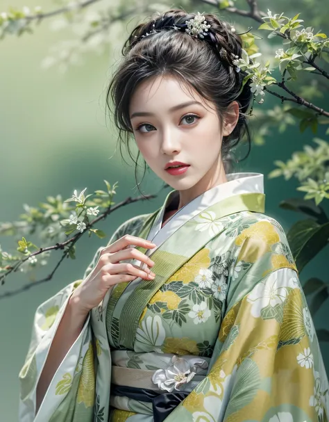 (Beautiful model in Japanese kimono commercial), (solo), ((face is 70% beauty and elegance, 30% pretty and cute:1.5)), (Her roots are in Eastern Europe and Asia), clear eyes, (detailed eyes, light green eyes, bright pupils), Double Eyelids, (sexy lips with...