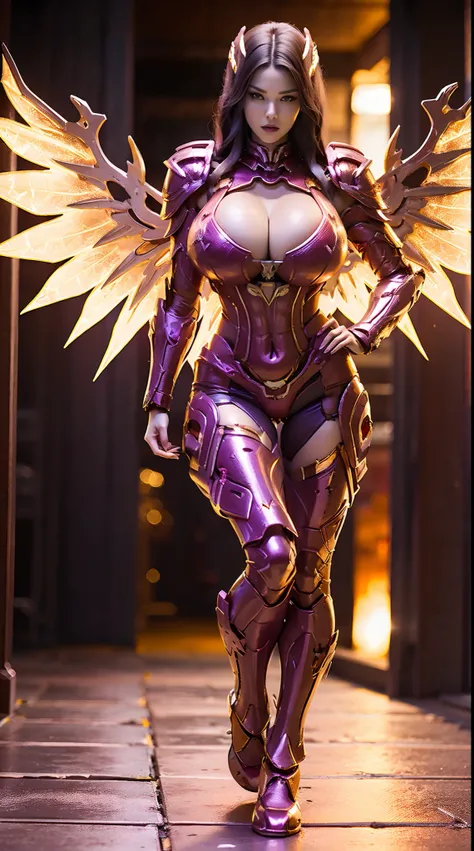 A WOMAN, BEAUTIFULL FACE, HUGE BOOBS, RED, GOLD, PURPLE, MECHA ARMOR FULL GEAR, (SUIT), (CLEAVAGE), (A PAIR LARGEST WINGS), (FULL BODY:1), TRANSPARANT, TALL LEGS, STANDING, SEXY BODY, MUSCLE ABS.