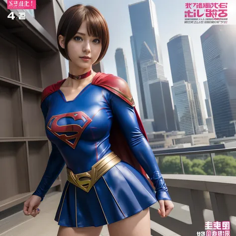 (Best Quality,4K,8K,hight resolution,masutepiece:1.2),Ultra-detailed,Realistic:1.37,Super masterpiece,Short-haired Supergirl、large full breasts、Looking at the camera、Glossy costume、a choker、Too short miniskirt、Magazine covers、Shonen manga