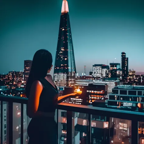 Woman Facing the photo,with nice cleavage, busy, standing on the balcony overlooking the city at night, Looking at the city, city, alone beautiful black woman, Looking at the city, Standing on a roof, on a roof, standing on the roof, city roof, on a roof, ...