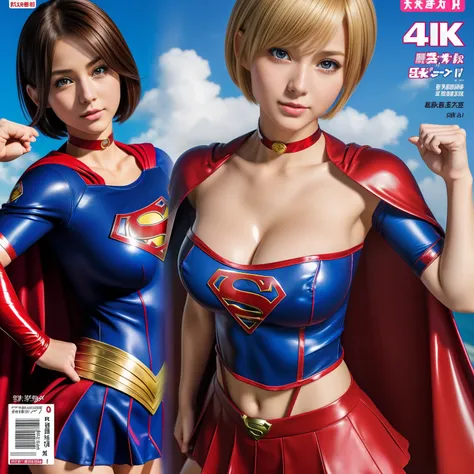 (Best Quality,4K,8K,hight resolution,masutepiece:1.2),Ultra-detailed,Realistic:1.37,Super masterpiece,Short-haired Supergirl、large full breasts、Looking at the camera、Glossy costume、a choker、Too short miniskirt、Magazine covers、Shonen manga