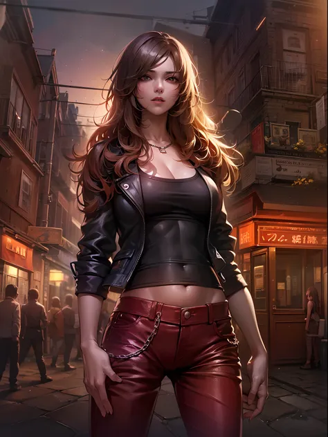 ((The chest is super huge, Long hair, small head)), Daylight, Sunlight, (well-defined abs: 1.1), (Perfect body: 1.1), (short wavy hair: 1.2), Russet Hair, Collar, chain, Full body photo, Shabby street, wearing a black tank top,  ((Red leather pants)), (Ver...