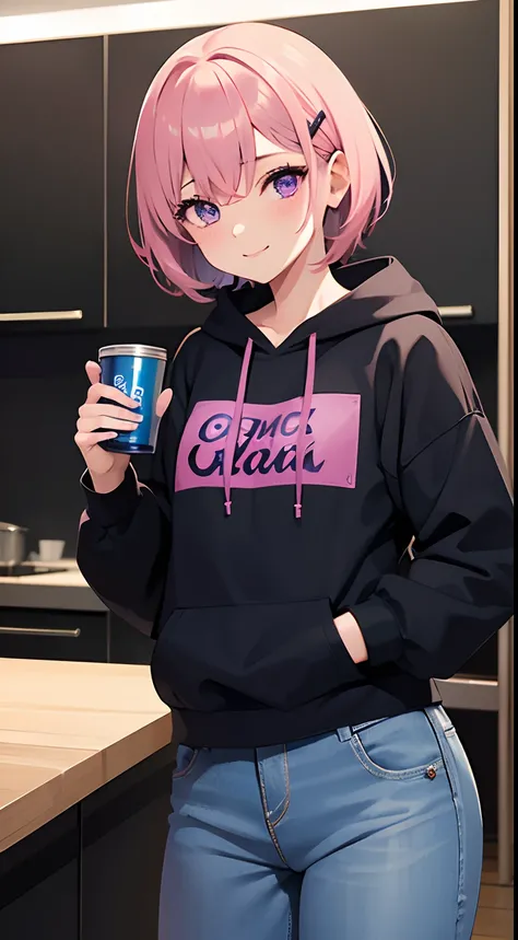 one nineteen years old girl, pink short hair, hair covers one eye, purple eyes, hair clip, light blush (1 :1) , light smile, black hoodie, blue jean, kitchen, sipping cola