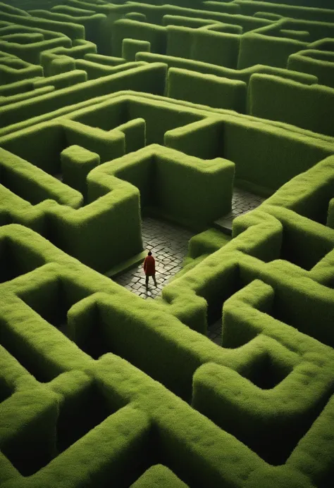 Image of a cartoon character lost in an endless maze full of moss, stone walls and countless doors, that person stands at the beginning of the maze and the image of the maze gradually fades