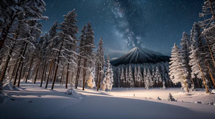 vale nevado noturno com floresta e chuva forte de neve