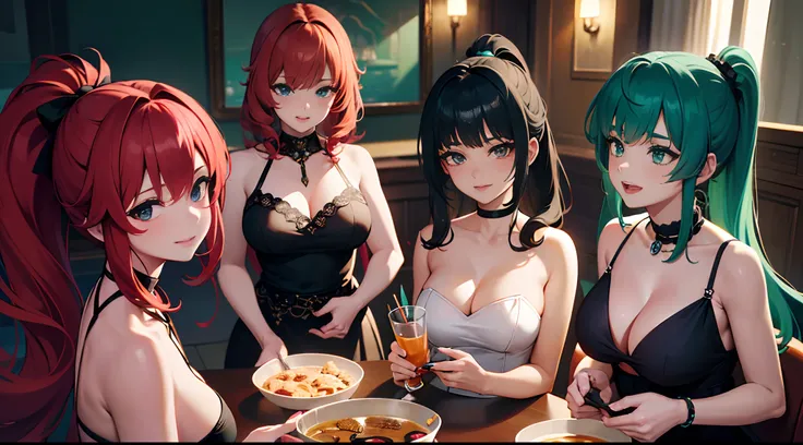 masterpiece, lots of detail, 4k, 8k, ((ultra-detailed)), highres, soft lighting, 4girls, party, {red hair|green hair|black hair|blue hair}, {ponytail|short hair|long hair|curly hair}