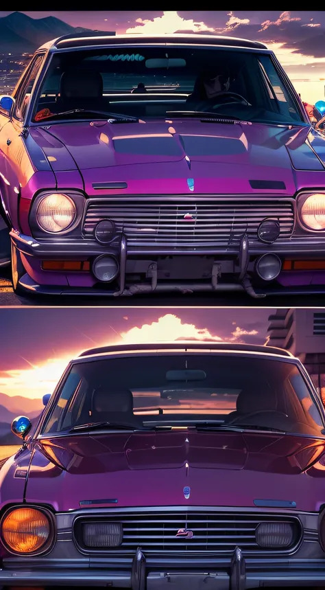 retrowave. City, 1969 Nissan S30, wide body kit, Road, PURPLE NEON MONITOR LIGHT, Sun, Mountain, (Masterpiece, Detailed, A high resolution),