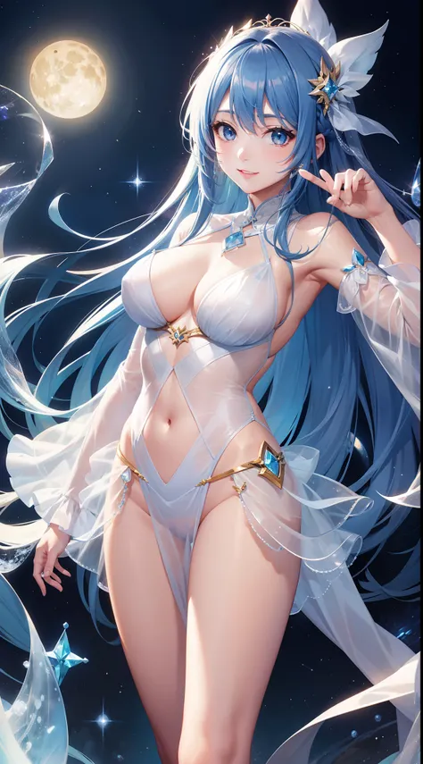 Pretty girl、A charming smile、Blue Long Hair、Engaging pose、See-through white costume、Fantasia、Crystal jade、constellation、a moon、Fantastic background